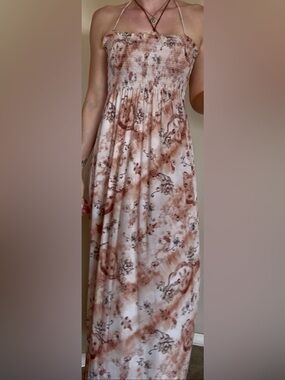 Vintage Jordan Taylor USA Tan Beige Toile Smocked Halter Maxi Dress M